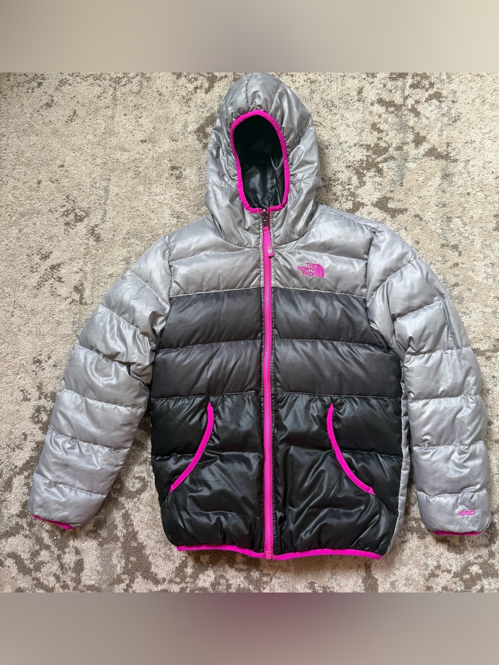 North Face Girls Reversible Down Jacket Size L 550 Pink Black Gray Coat Hooded